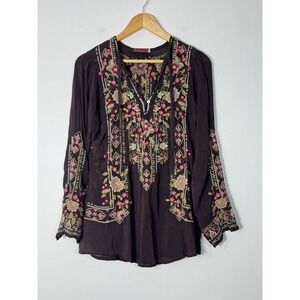Boho Johnny Was Women S Embroidered Cupra Rayon Blouse Brown Floral Peasant Top